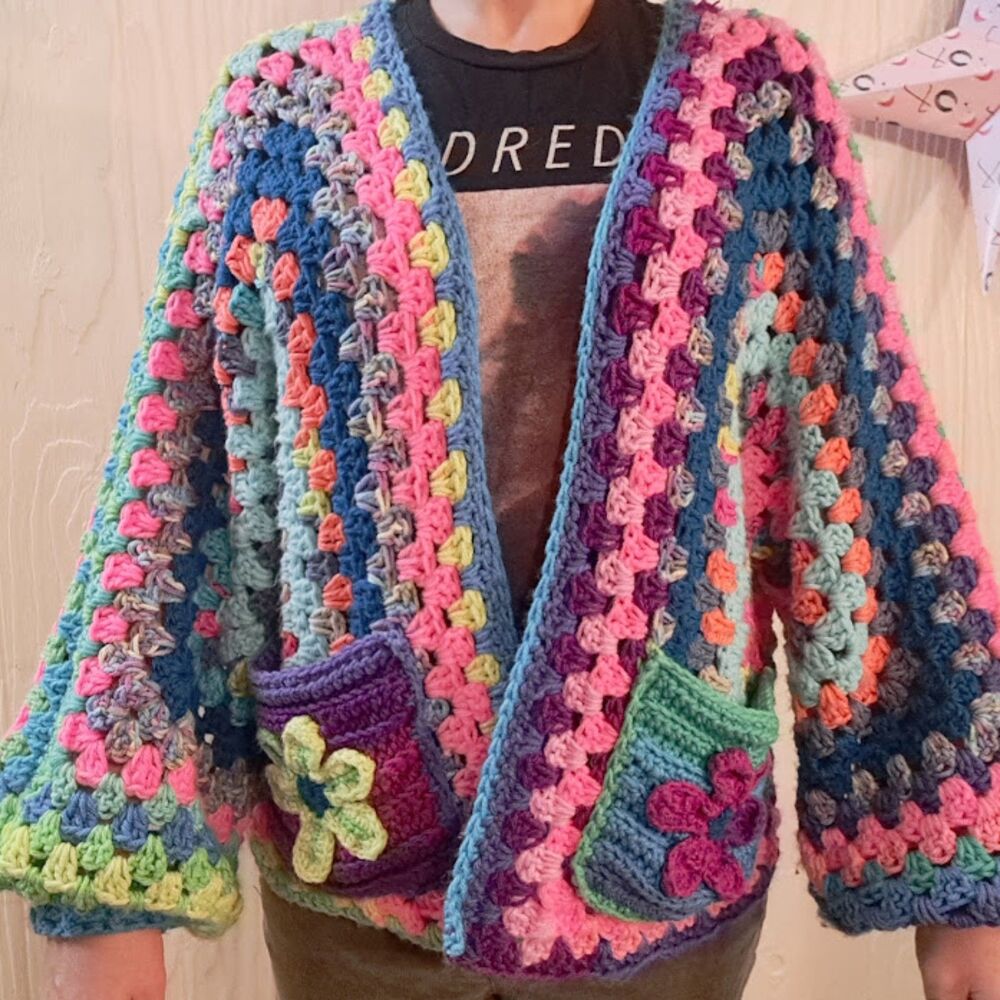 OOAK Crochet Hexagon Cardigan With Upcycled Blacklight Poster Love